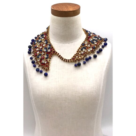 Vintage Gold Tone Crystal & Beaded Collar Necklace & Earrings Set by Scaasi - Picture 4 of 10